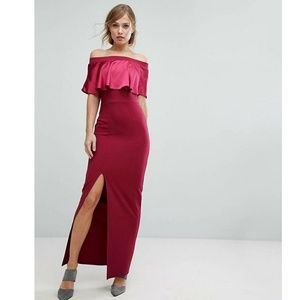 Silver bloom satin contrast off the shoulder maxi